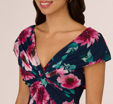 Cap Sleeve Floral Chiffon A Line Midi Dress In Navy Pink Multi