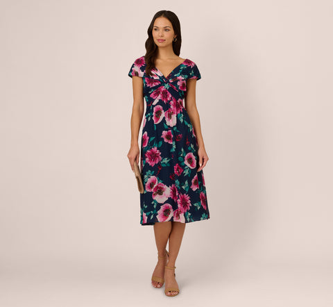 Cap Sleeve Floral Chiffon A Line Midi Dress In Navy Pink Multi