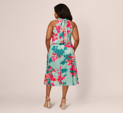 Plus Size Floral Chiffon Midi Halter Dress In Turquoise Multi