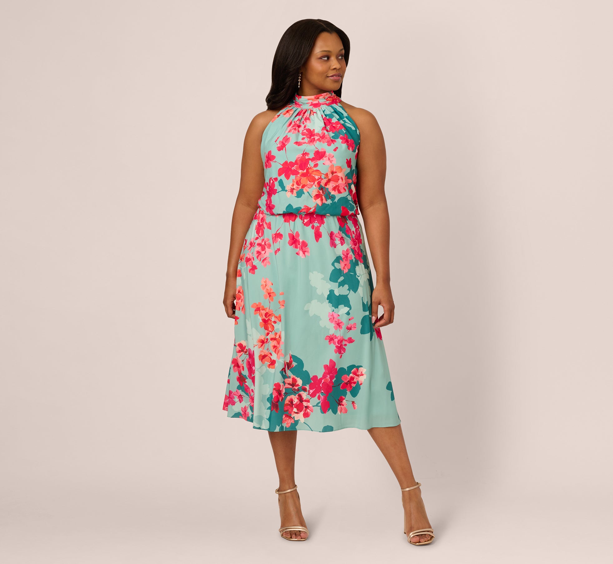 Plus Size Floral Chiffon Midi Halter Dress In Turquoise Multi 1