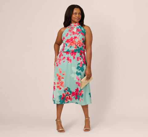 Plus Size Floral Chiffon Midi Halter Dress In Turquoise Multi