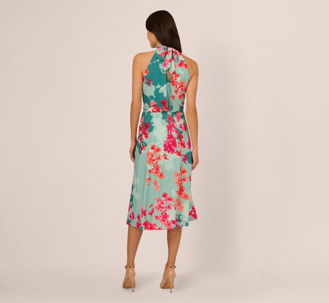 Floral Chiffon Midi Halter Dress In Turquoise Multi