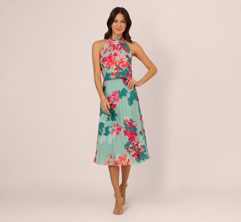 Floral Chiffon Midi Halter Dress In Turquoise Multi