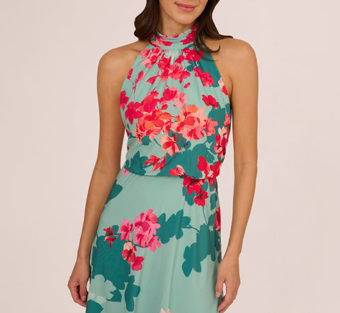 Floral Chiffon Midi Halter Dress In Turquoise Multi