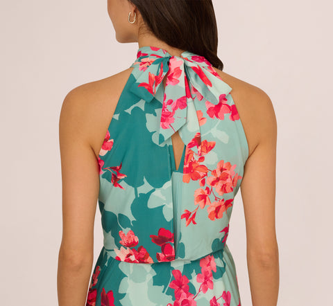 Floral Chiffon Midi Halter Dress In Turquoise Multi