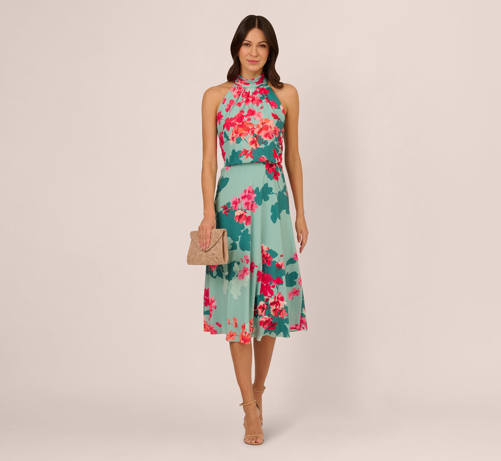 Floral Chiffon Midi Halter Dress In Turquoise Multi 1