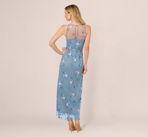 Sleeveless Illusion Embroidered Maxi Dress In French Blue Multi