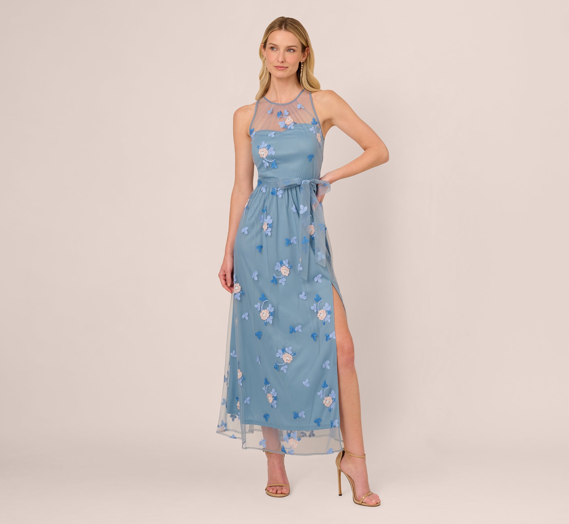 Sleeveless Illusion Embroidered Maxi Dress In French Blue Multi 1