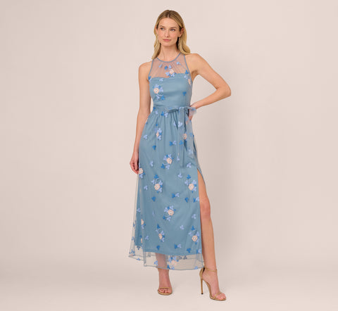 Sleeveless Illusion Embroidered Maxi Dress In French Blue Multi