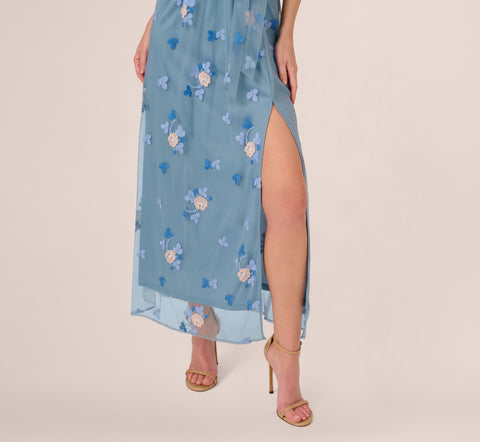 Sleeveless Illusion Embroidered Maxi Dress In French Blue Multi