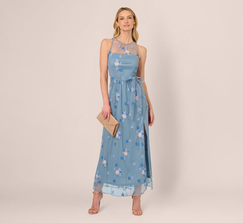 Sleeveless Illusion Embroidered Maxi Dress In French Blue Multi