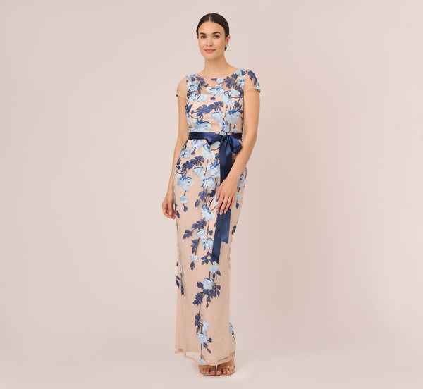 Short Sleeve Floral Embroidered Gown With Ribbon Tie Waist In