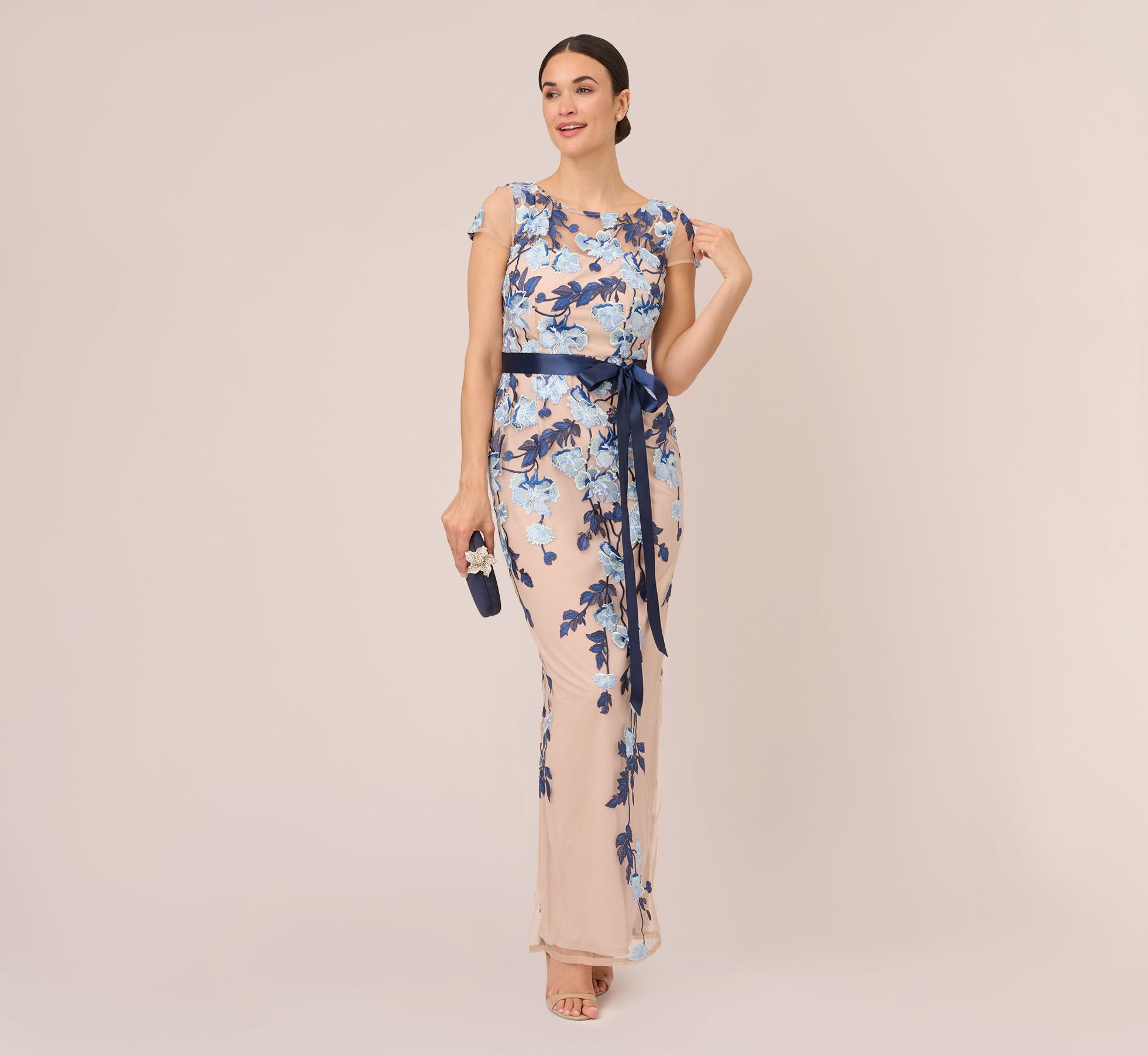 Short Sleeve Floral Embroidered Gown With Ribbon Tie Waist In