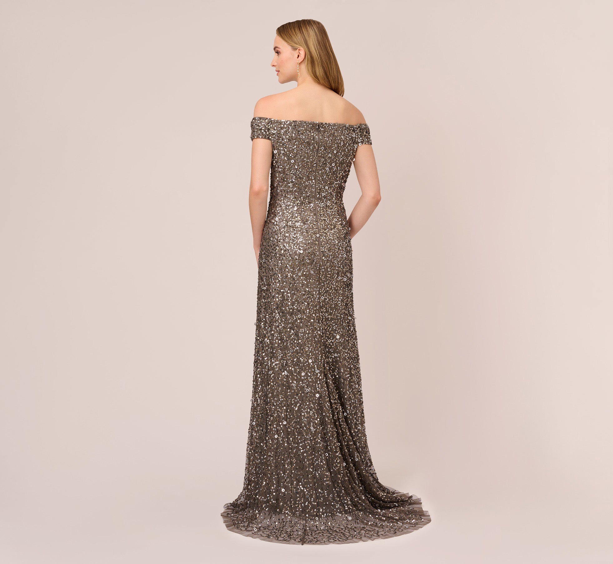 Off The Shoulder Sequin Beaded Gown In Lead Adrianna Papell