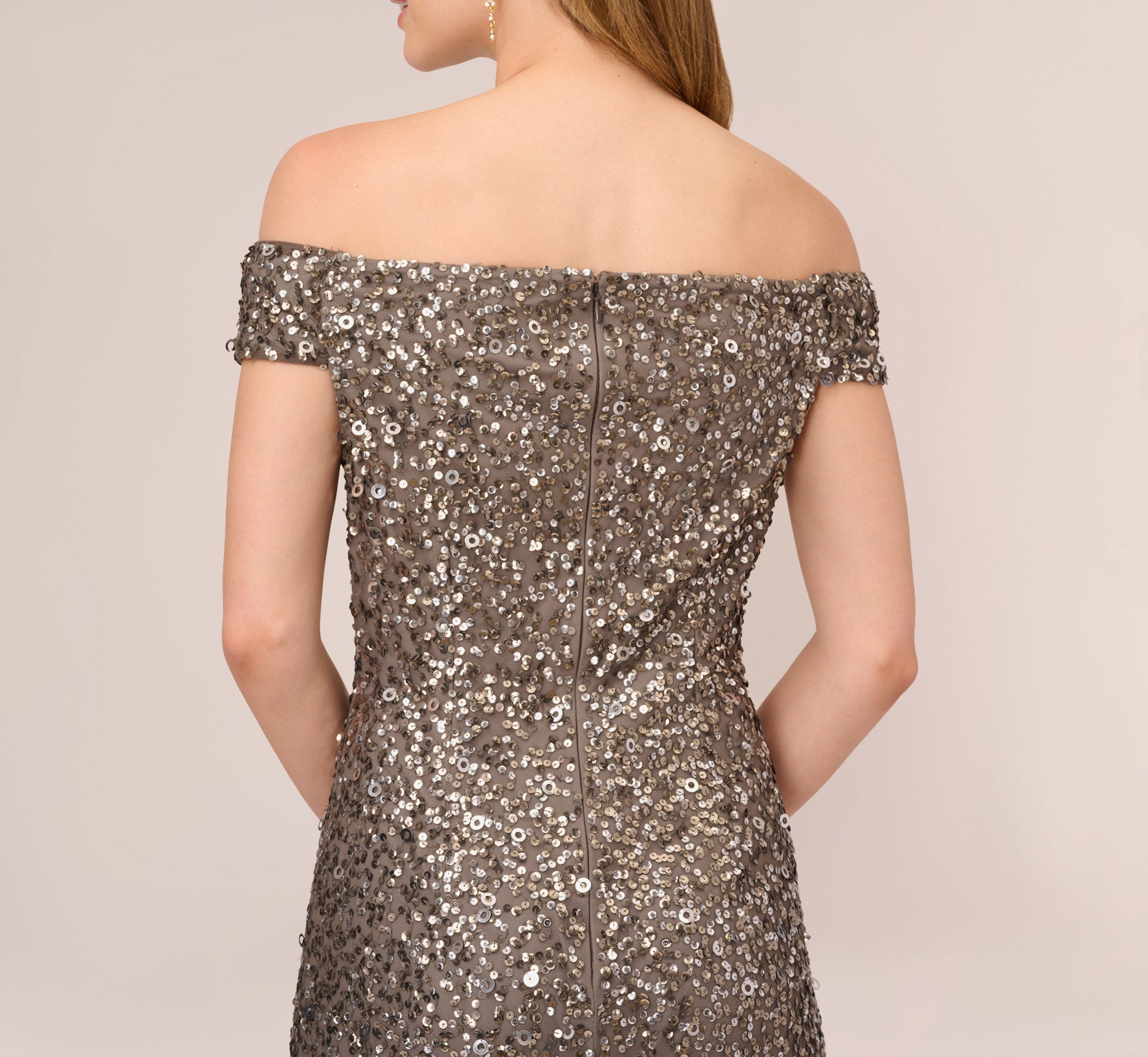 Off The Shoulder Sequin Beaded Gown In Lead | Adrianna Papell