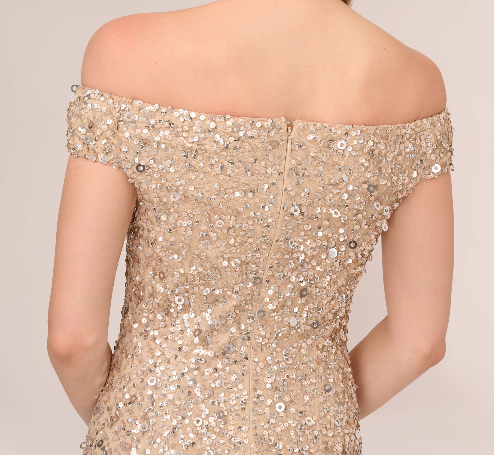 Off The Shoulder Sequin Beaded Gown In Champagne Adrianna Papell