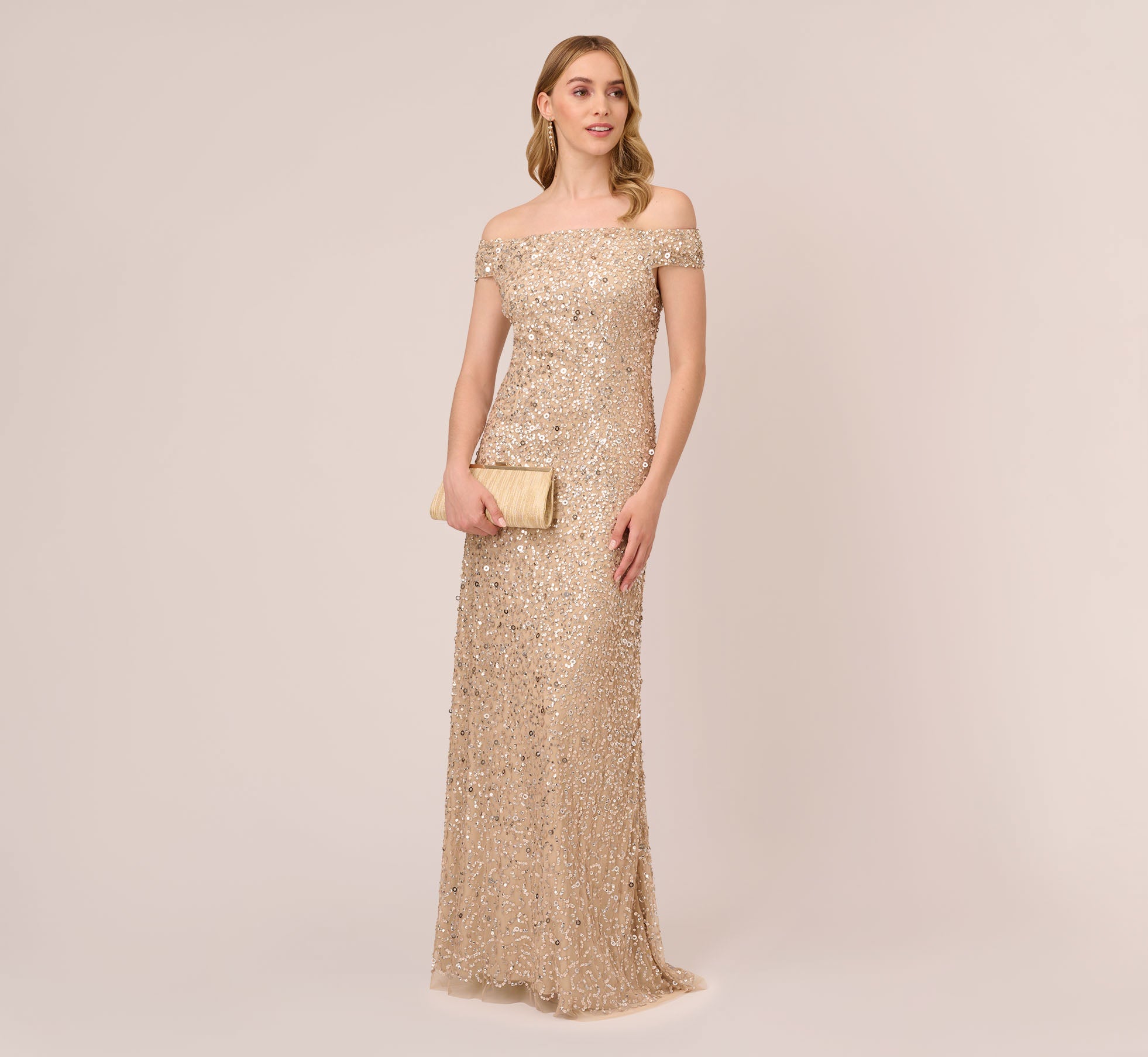 Off The Shoulder Sequin Beaded Gown In Champagne Adrianna