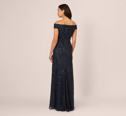 Off The Shoulder Sequin Beaded Gown In Navy