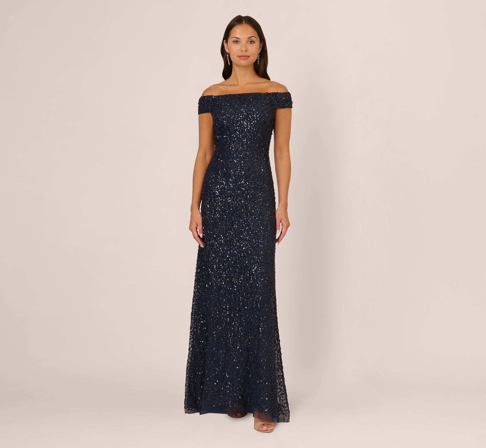 Off The Shoulder Sequin Beaded Gown In Navy 1