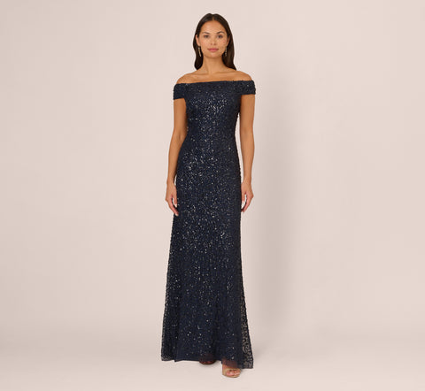 Off The Shoulder Sequin Beaded Gown In Navy