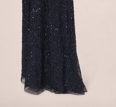 Off The Shoulder Sequin Beaded Gown In Navy