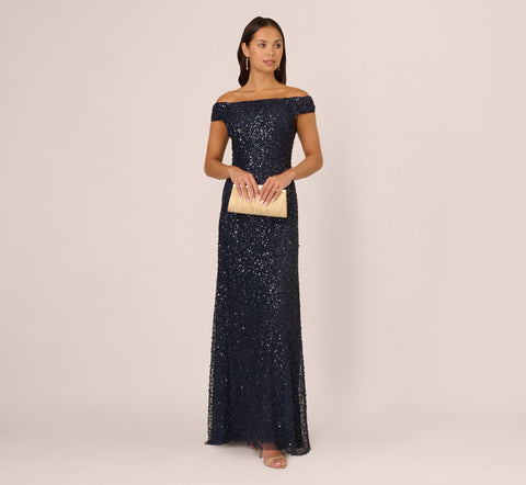 Off The Shoulder Sequin Beaded Gown In Navy