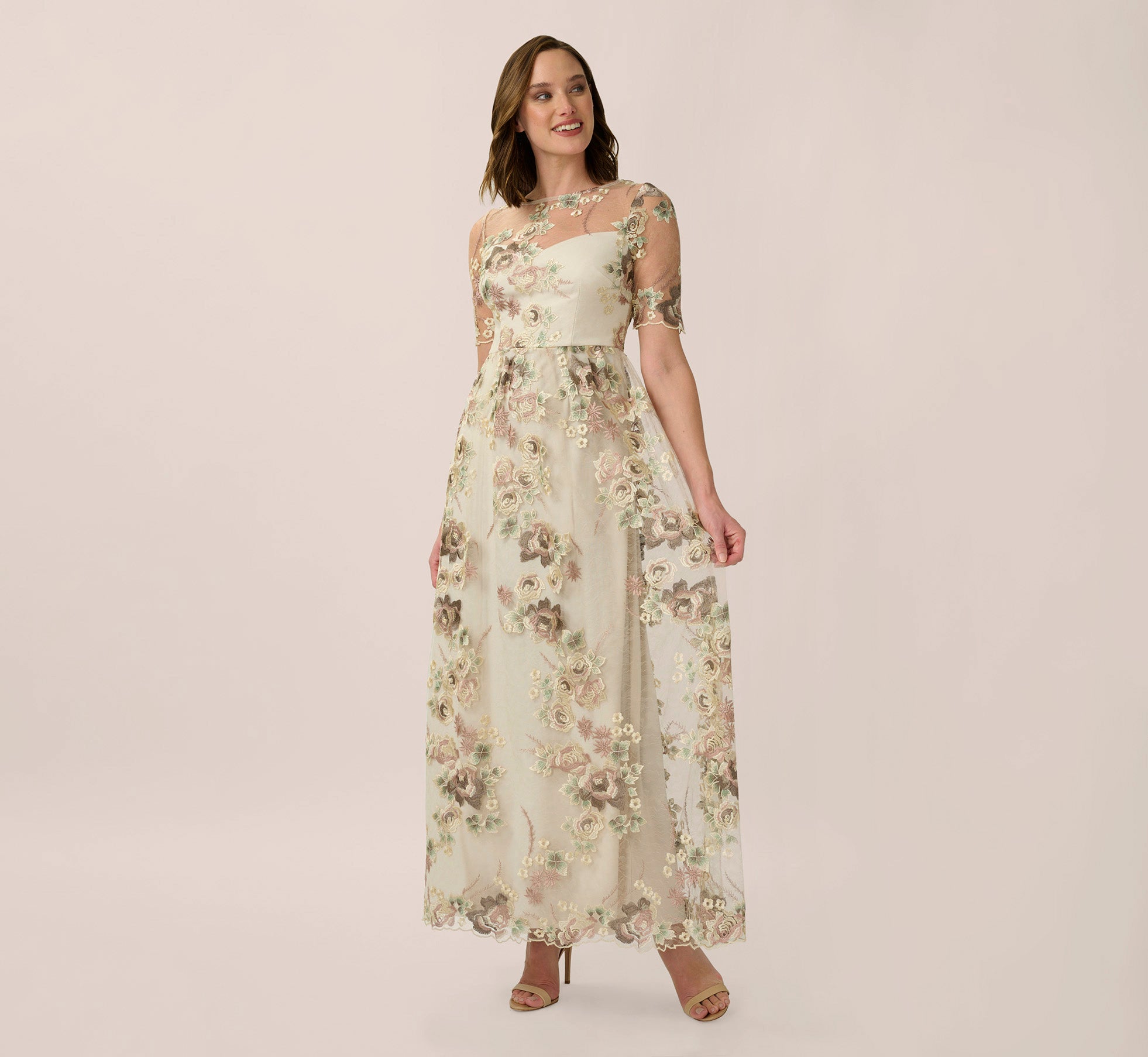 Sheer Short Sleeve Lace Gown With Rose Embroidery In Mink Multi