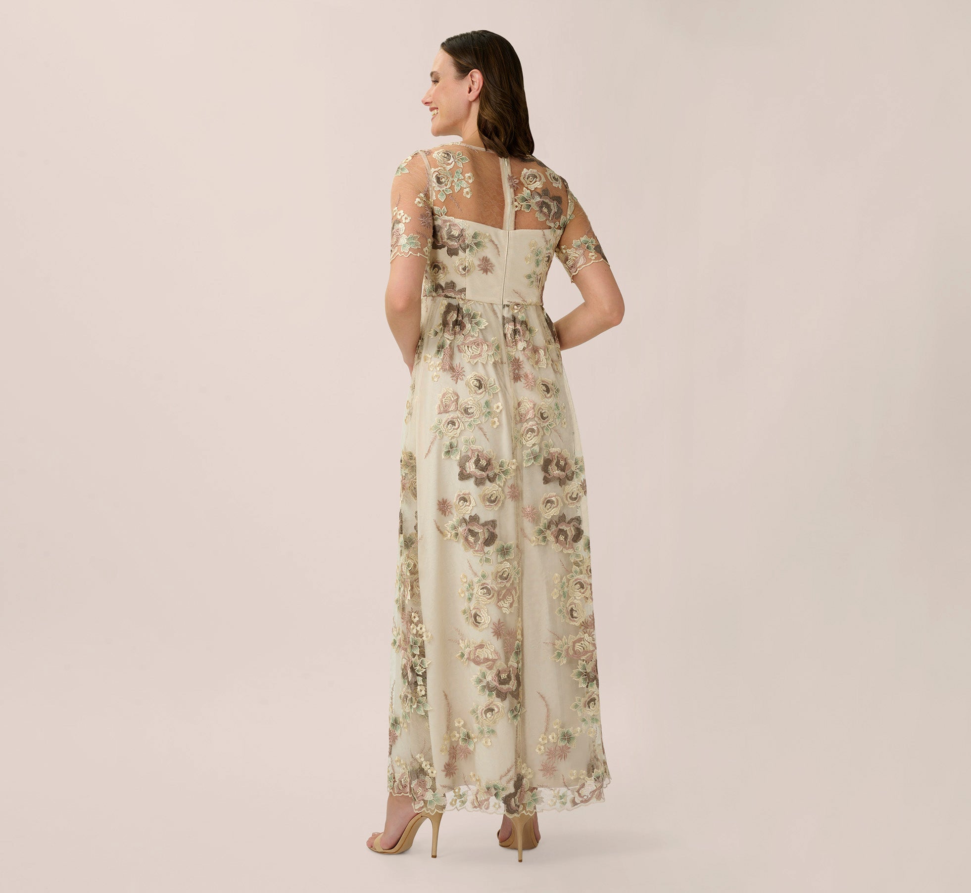 Sheer Short Sleeve Lace Gown With Rose Embroidery In Mink Multi