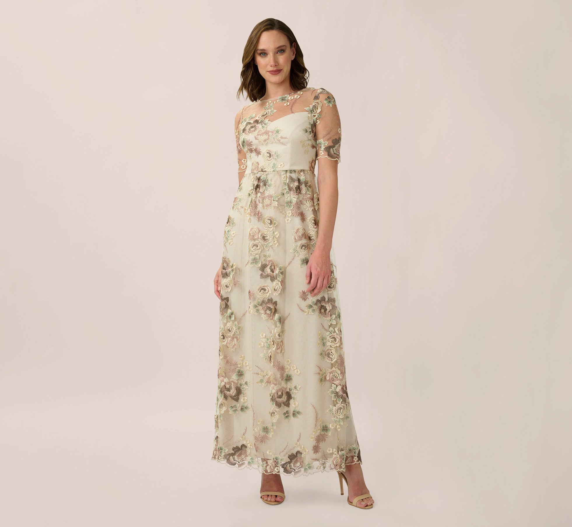 Sheer Short Sleeve Lace Gown With Rose Embroidery In Mink Multi