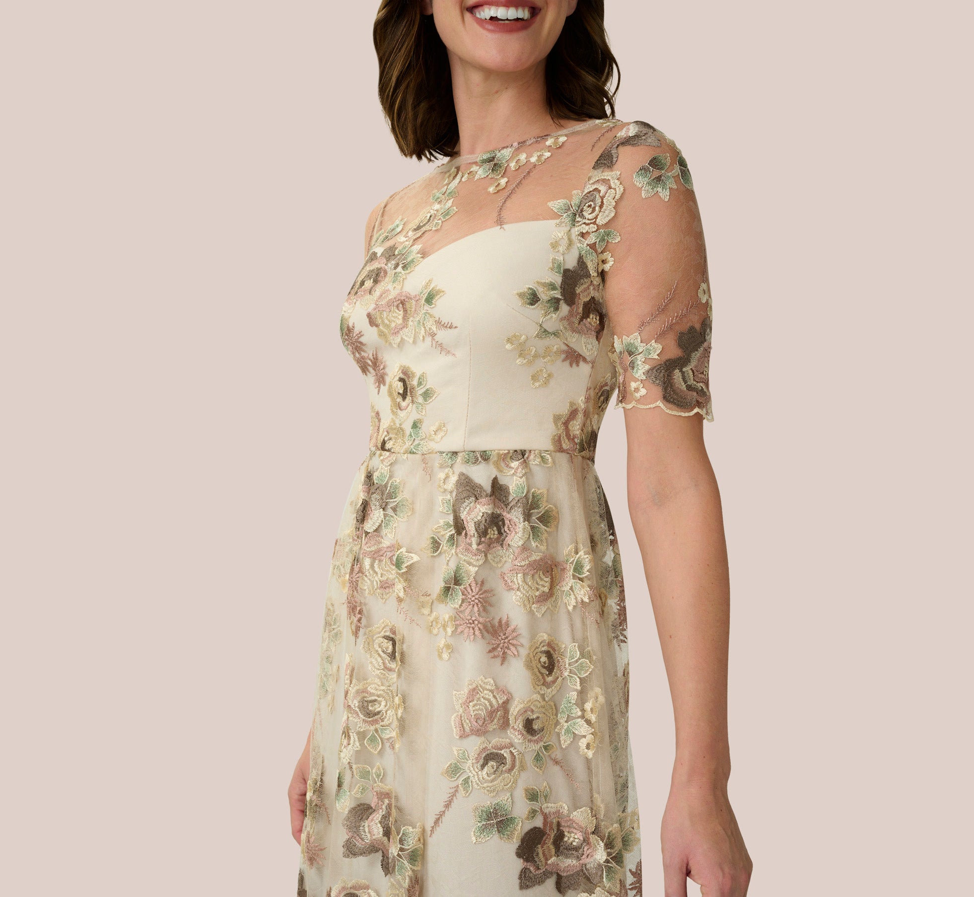 Sheer Short Sleeve Lace Gown With Rose Embroidery In Mink Multi