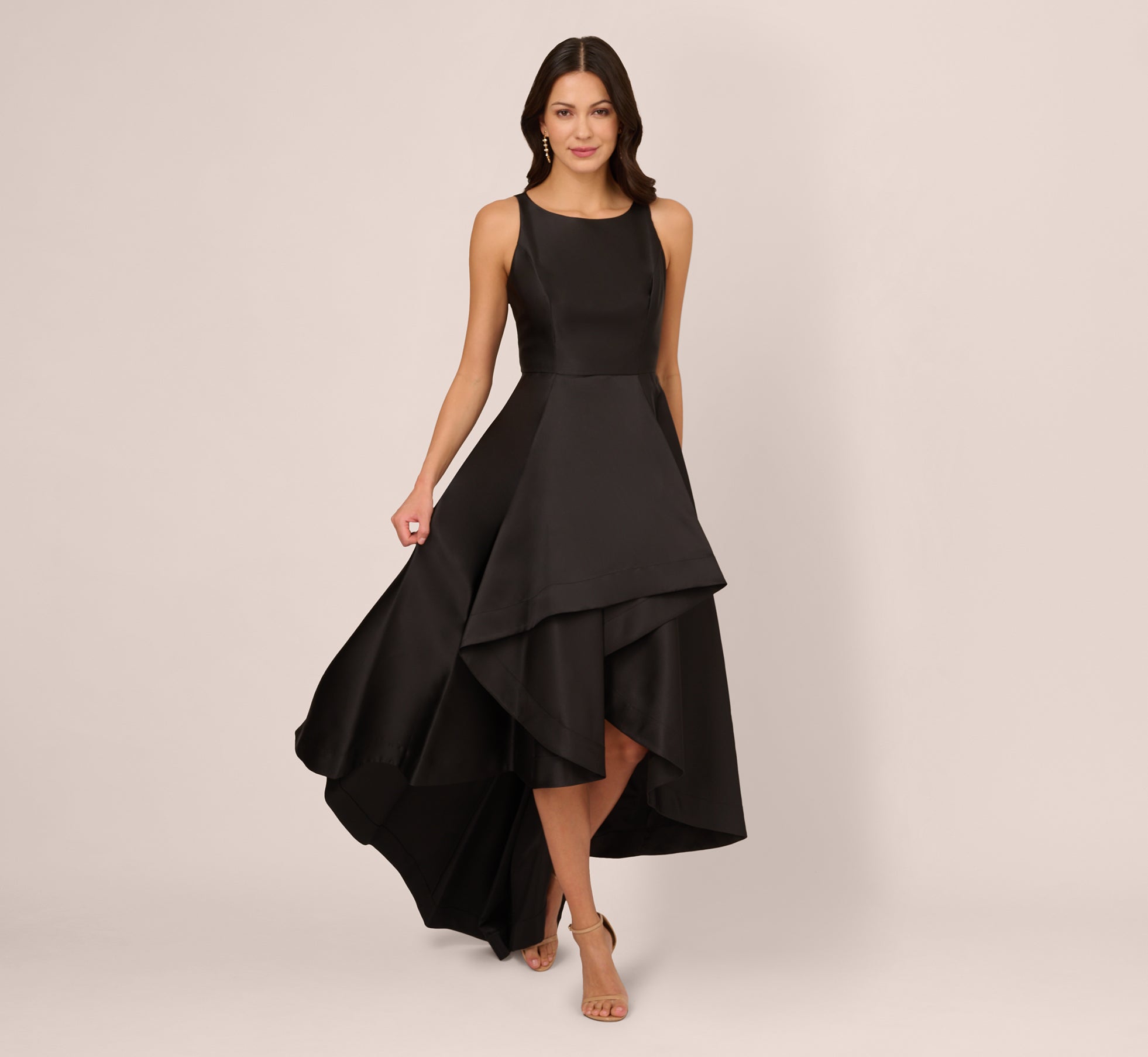 High Low Mikado Gown With Asymmetrical Detail In Black – Adrianna Papell