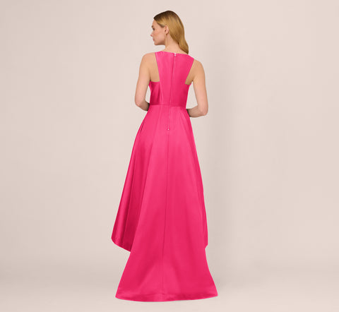 High Low Mikado Gown With Asymmetrical Detail In Electric Pink