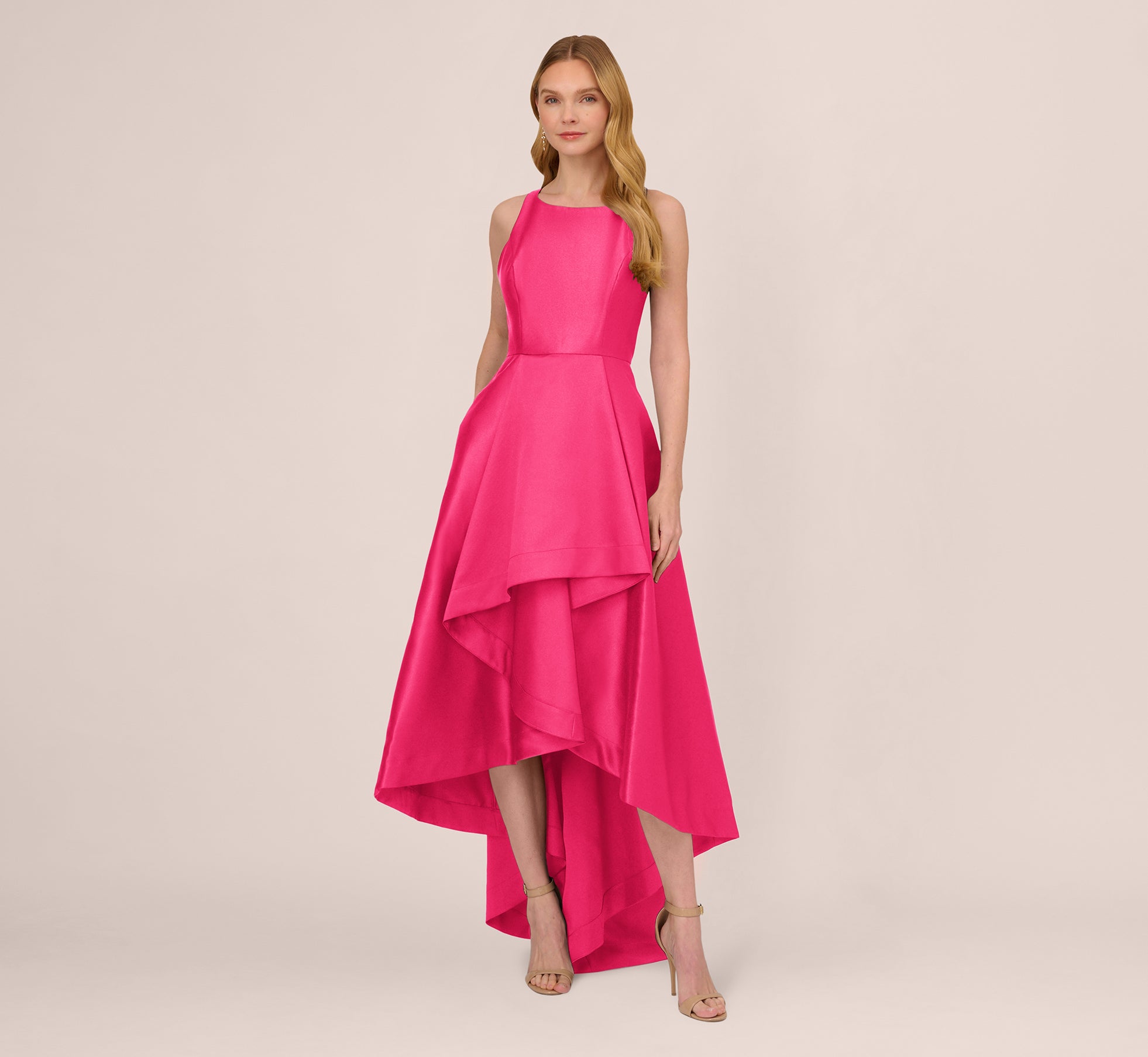 High Low Mikado Gown With Asymmetrical Detail In Electric Pink 1