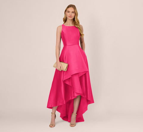 High Low Mikado Gown With Asymmetrical Detail In Electric Pink