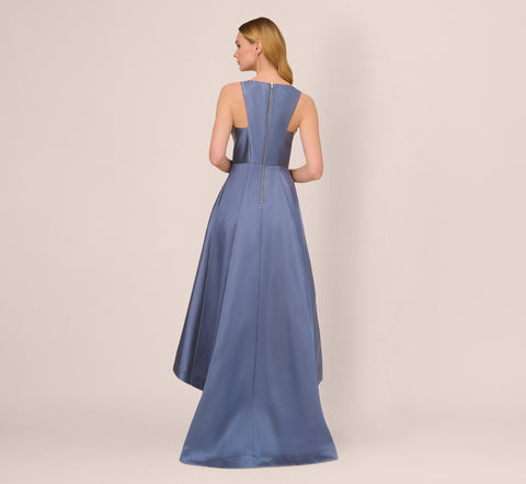 High Low Mikado Gown With Asymmetrical Detail In Blue Frost