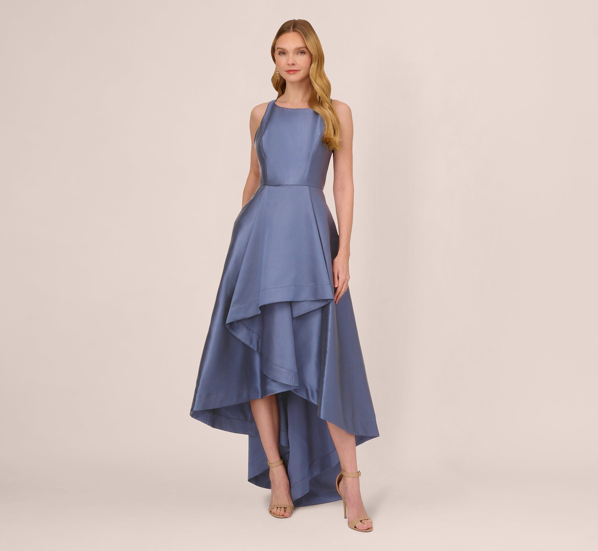 High Low Mikado Gown With Asymmetrical Detail In Blue Frost 1