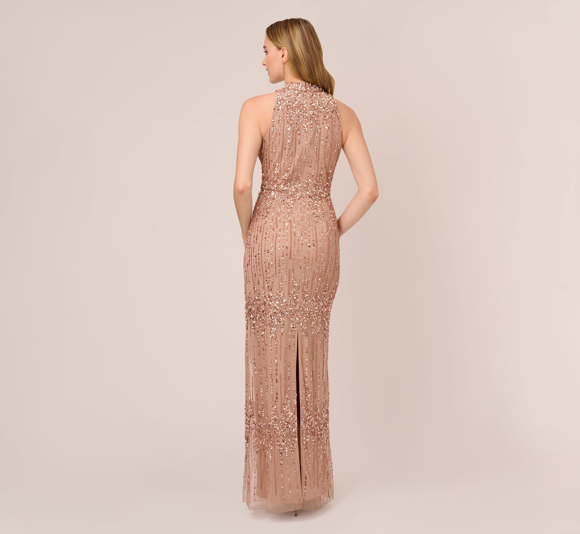 Adrianna Papell Petite Beaded Illusion Back Halter Gown