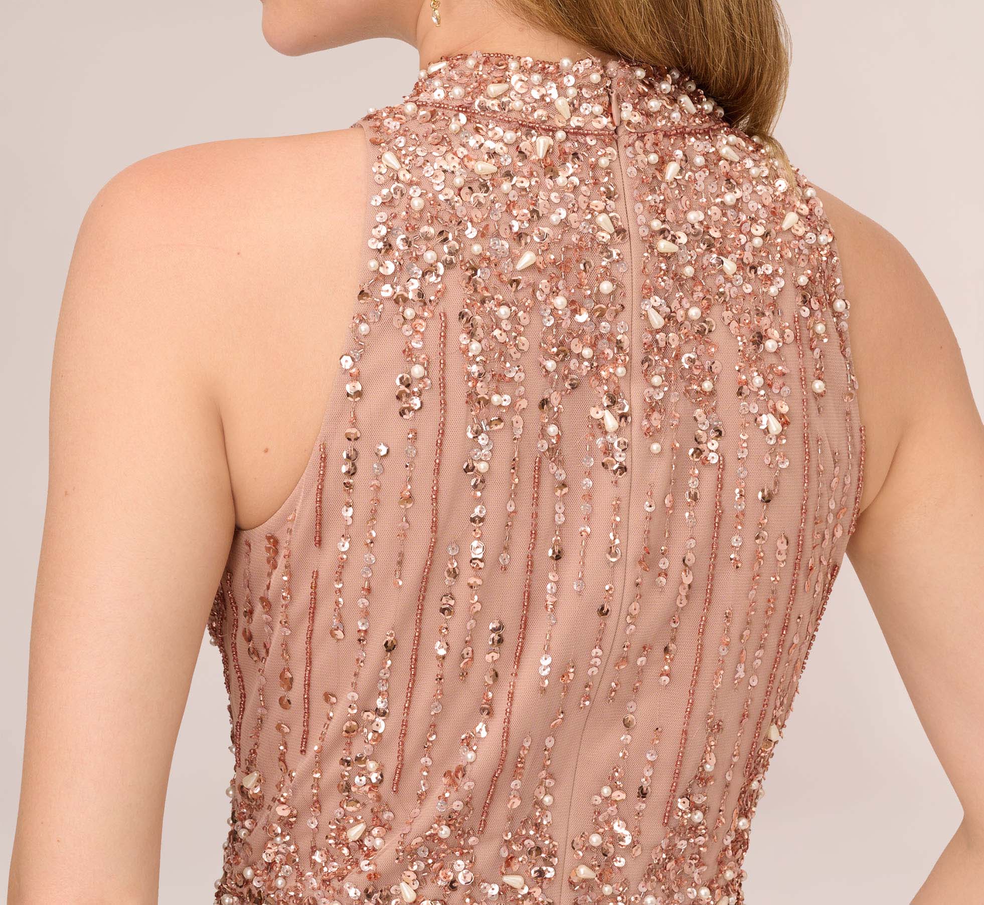 Beaded Column Gown With Mock Neckline In Rose Gold Adrianna Papell