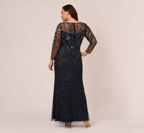 Plus Size Floral Beaded Dress With Sheer Long Sleeves In Midnight