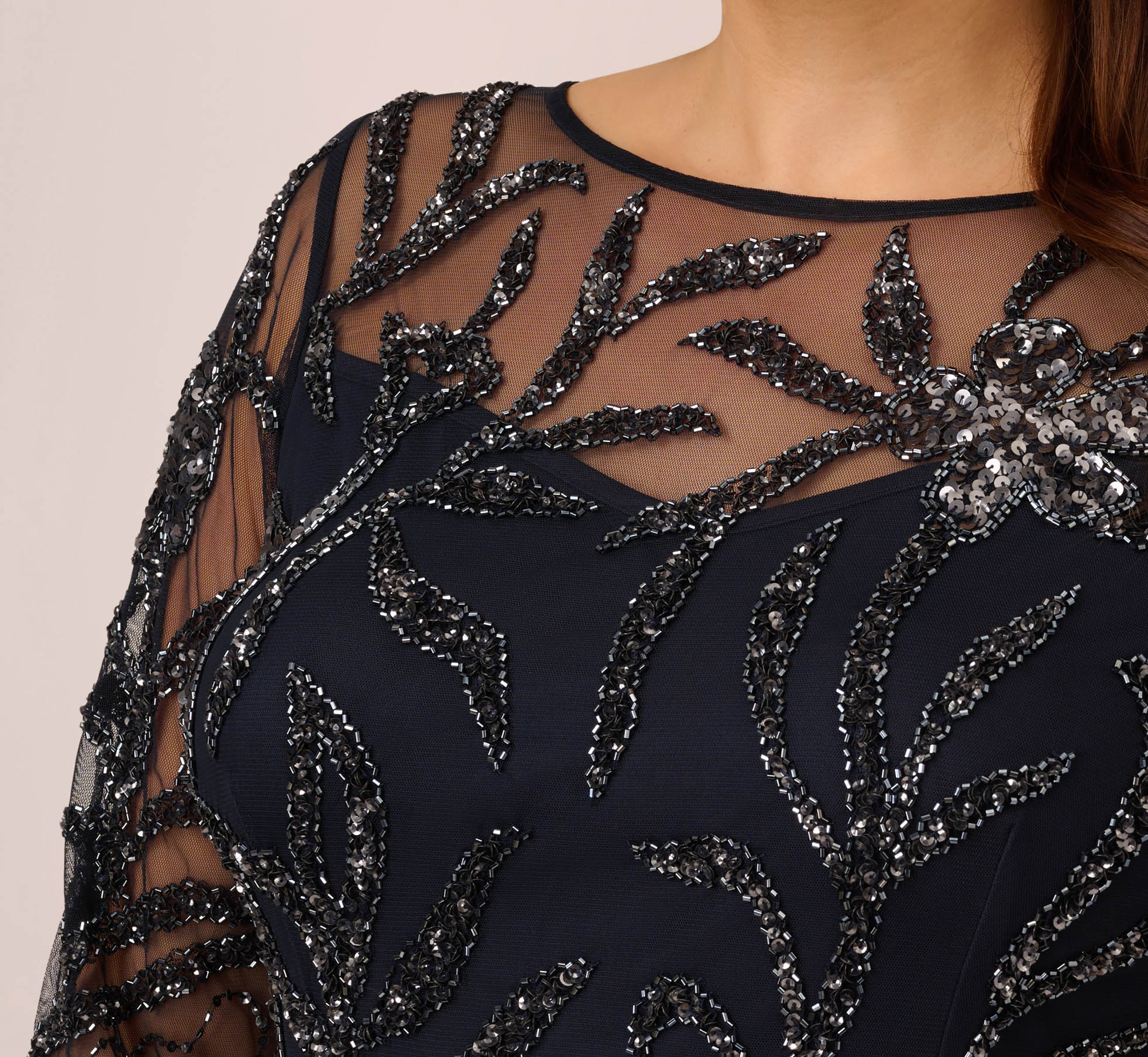Plus Size Floral Beaded Dress With Sheer Long Sleeves In Midnight