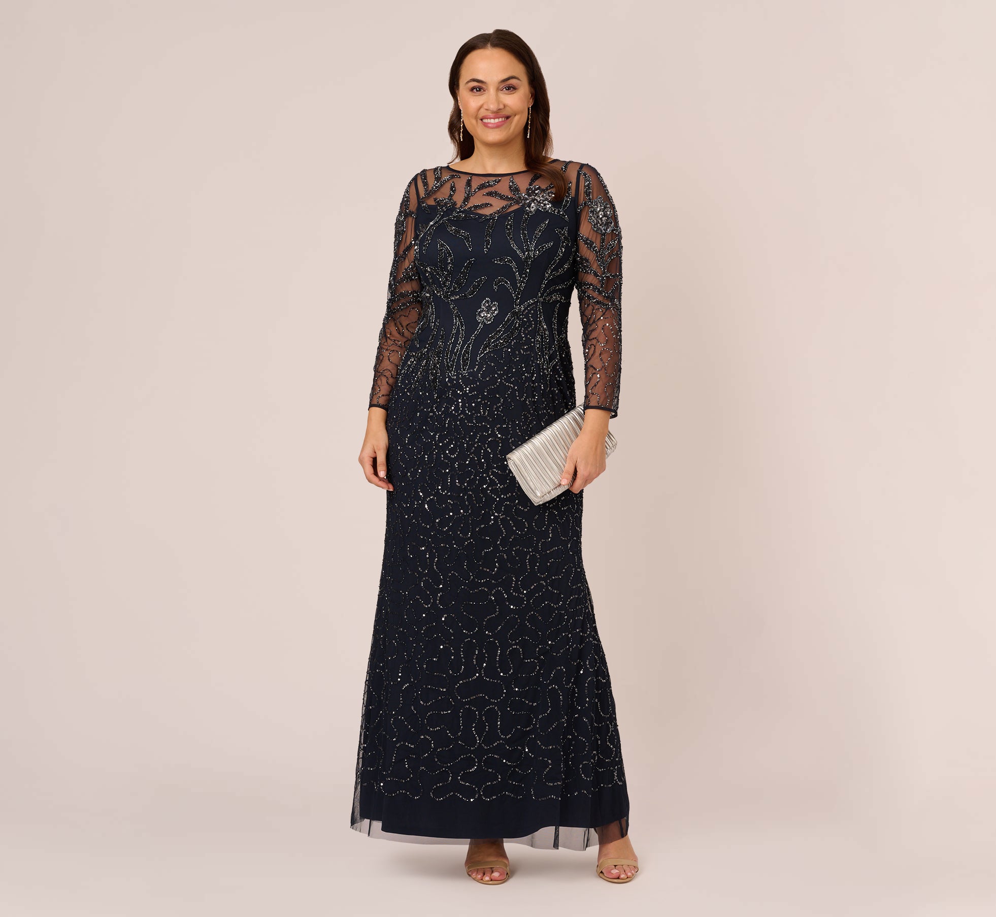 Plus Size Floral Beaded Dress With Sheer Long Sleeves In Midnight 