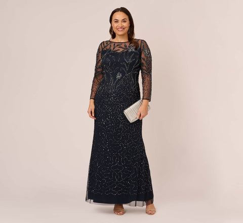 Plus Size Floral Beaded Dress With Sheer Long Sleeves In Midnight