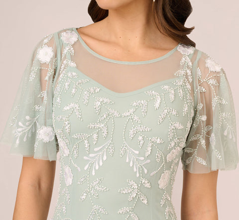 Floral Beaded Dress With Sheer Flutter Sleeves In Icy Sage Ivory