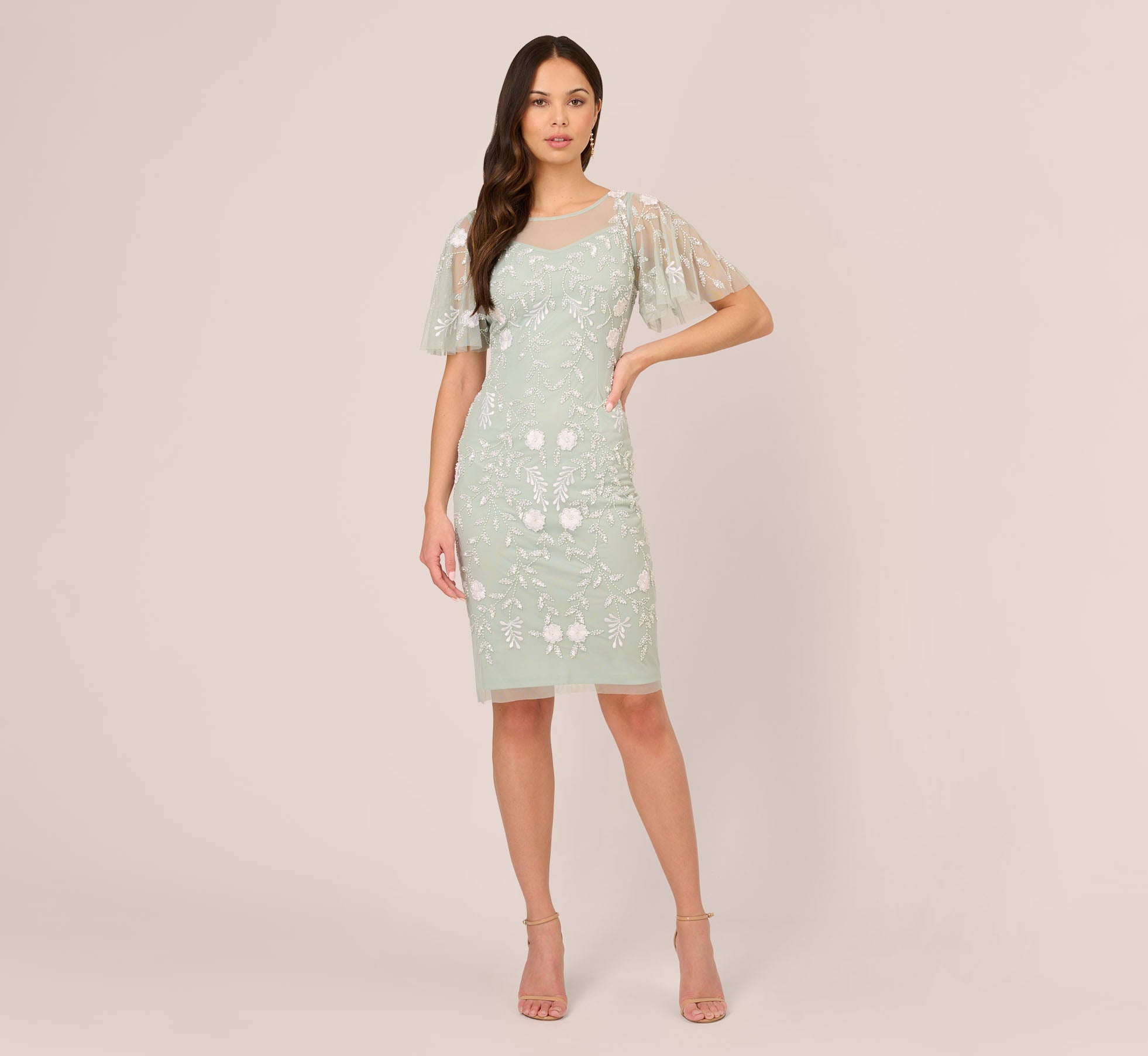 Floral Beaded Dress With Sheer Flutter Sleeves In Icy Sage Ivory 1