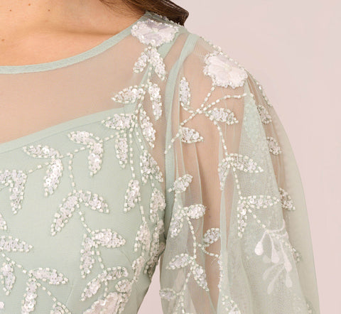 Floral Beaded Dress With Sheer Flutter Sleeves In Icy Sage Ivory