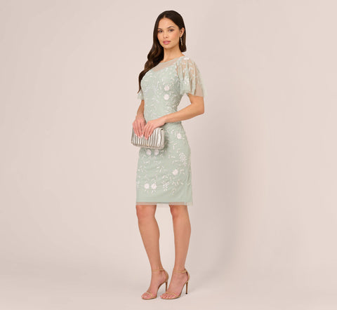 Floral Beaded Dress With Sheer Flutter Sleeves In Icy Sage Ivory