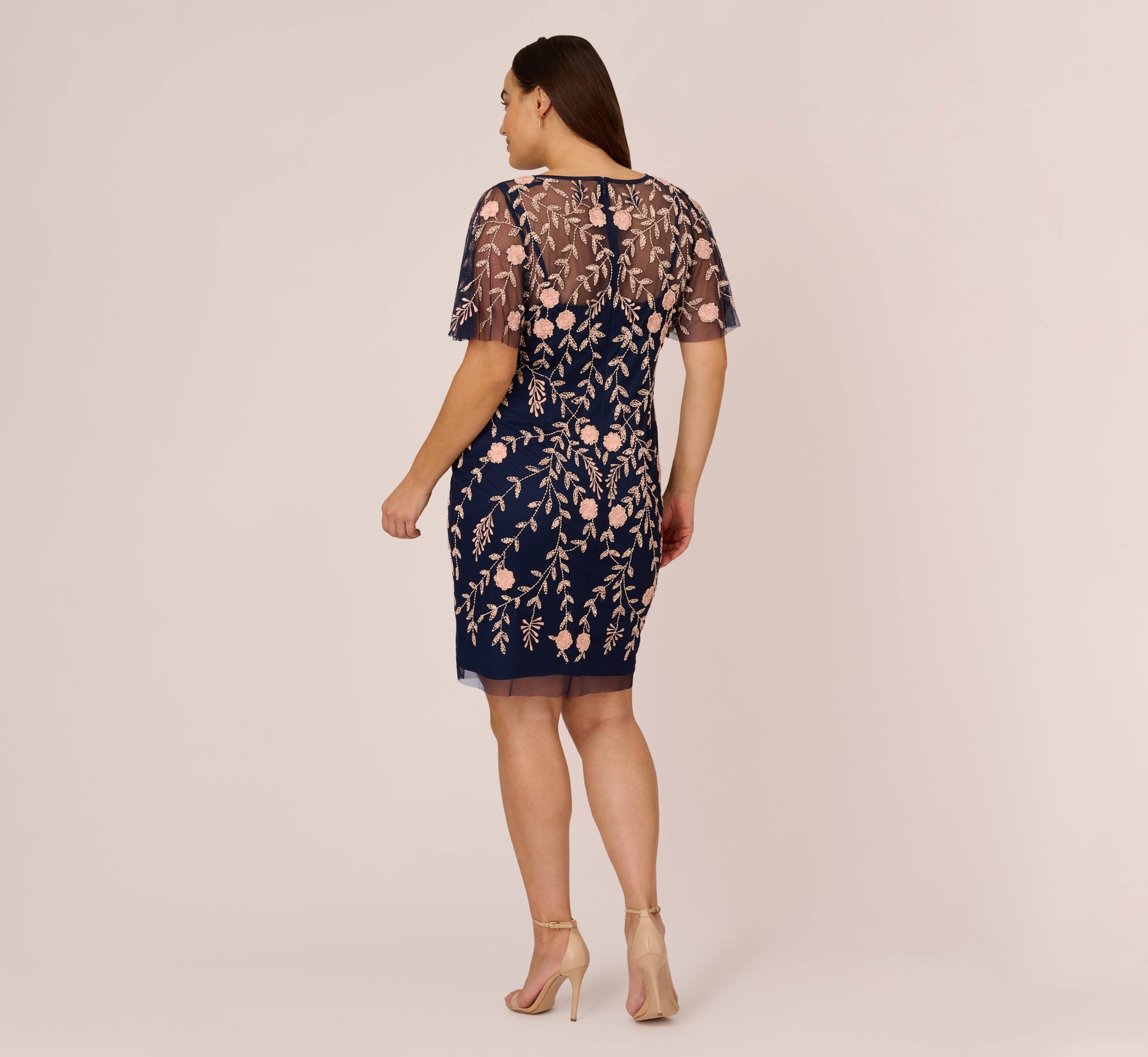 Plus Size Floral Beaded Dress With Sheer Flutter Sleeves In Navy