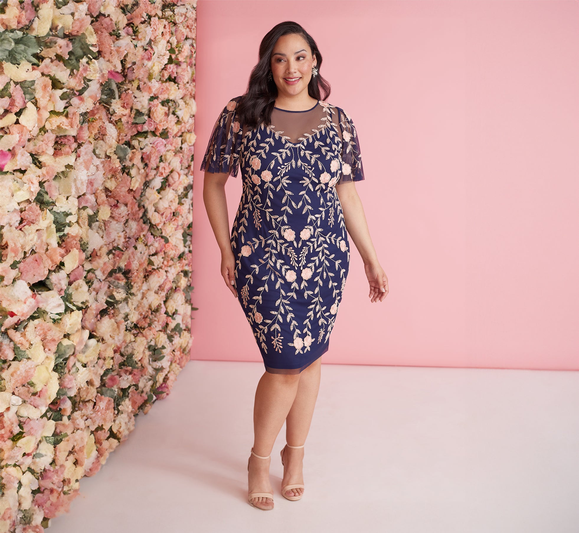 Plus Size Floral Beaded Dress With Sheer Flutter Sleeves In Navy