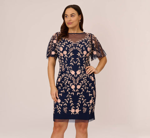 Plus Size Floral Beaded Dress With Sheer Flutter Sleeves In Navy Blush