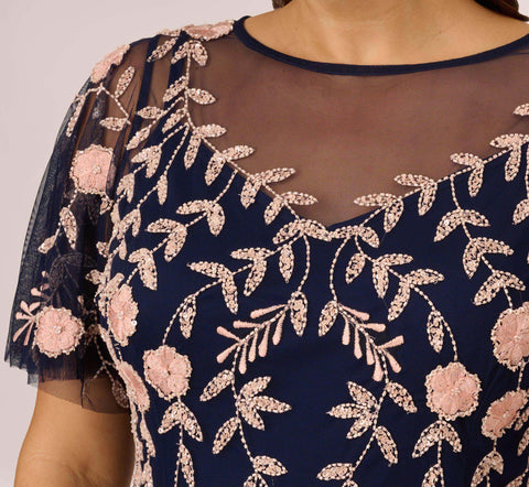 Plus Size Floral Beaded Dress With Sheer Flutter Sleeves In Navy Blush